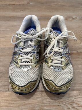 Asics Women's White Mesh Sneakers with Gold and Blue Accents